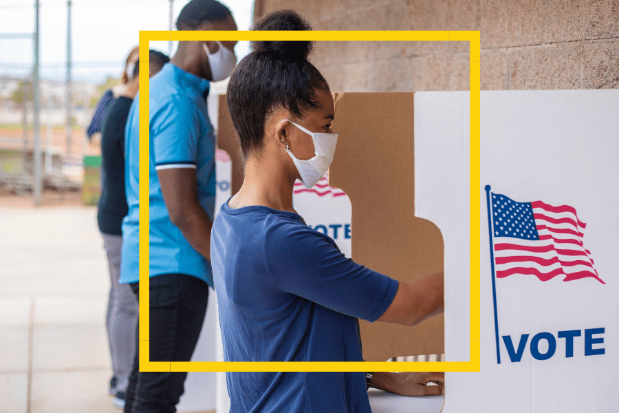 Picture of masked voters voting in the 2020 election. This relates to Entertain Impact's social impact campaign, Sooner Is Better, to encouraged marginalized voters to turn out.