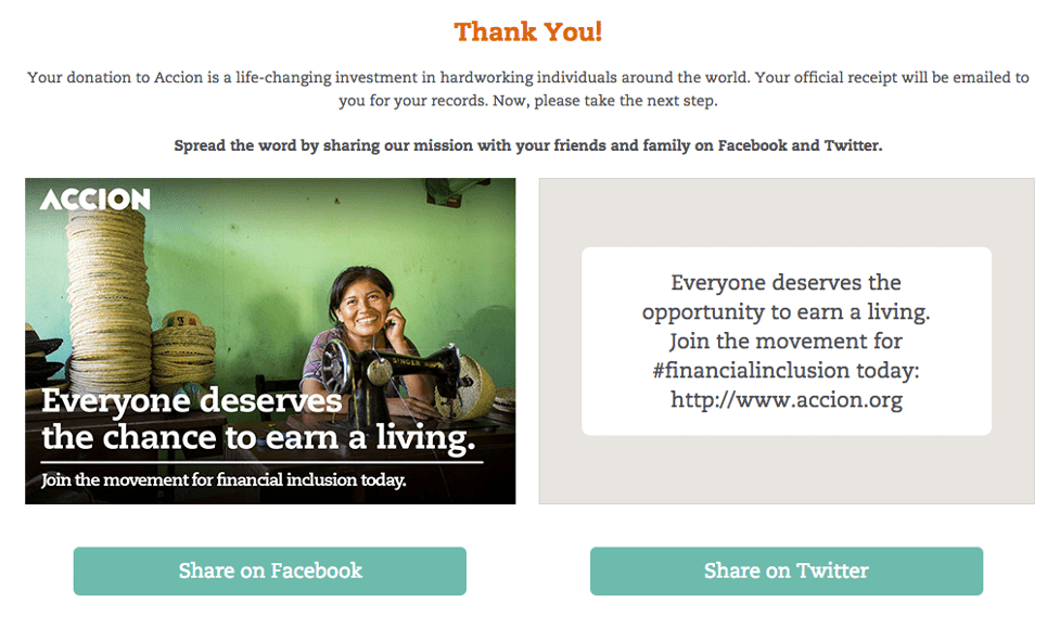 Good "Thank You" pages provide donors with shareable buttons to spread their messages immediately after the donation process. 