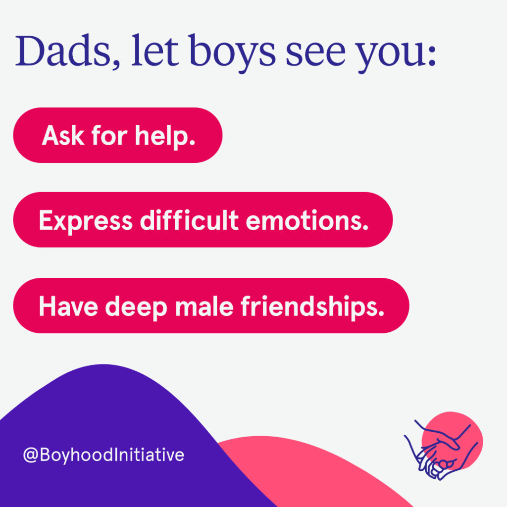 Dads, let boys see you: ask for help, express difficult emotions, have deep male friendships. 