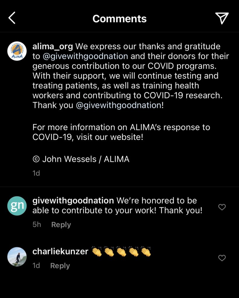 An example showing engagement in the comments of a post. This example shows ALIMA highlighting a donor account, and the account responding to the post.