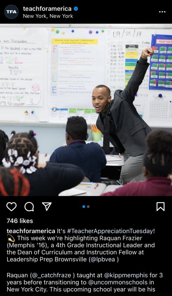 An example of Teach For America using the Teacher Appreciation Tuesday hashtag to engage with others.