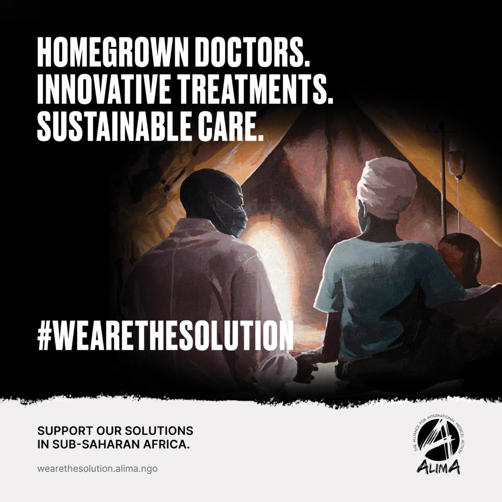 A painted image of an African doctor and patient with the text "HOMEGROWN DOCTORS. INNOVATING TREATMENTS. SUSTAINABLE CARE. #WEARETHESOLUTION"