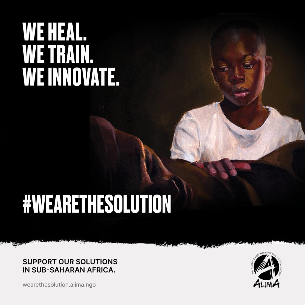 A painted image of an African boy with the text "WE HEAL. WE TRAIN. WE INNOVATE. #WEARETHESOLUTION"