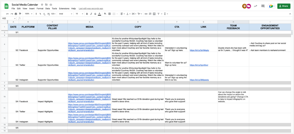 An example of a non-profit social media calendar laid out in Google Docs.